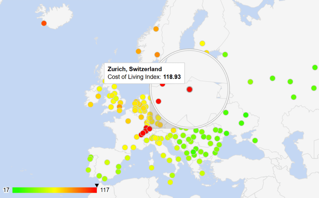 Cost of Living Index by City in Europe