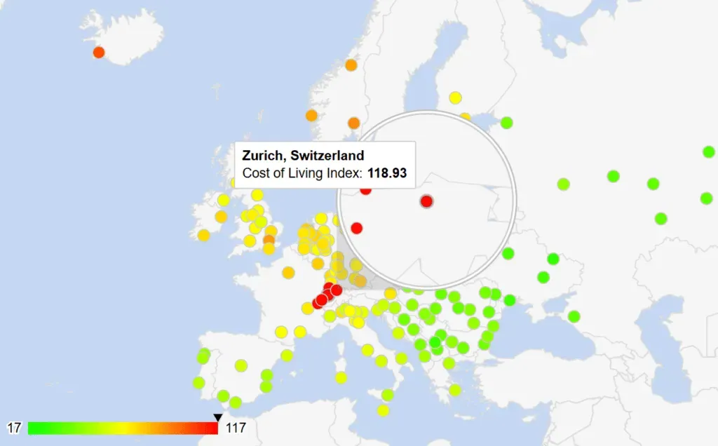 Chart comparing cost of living across European cities