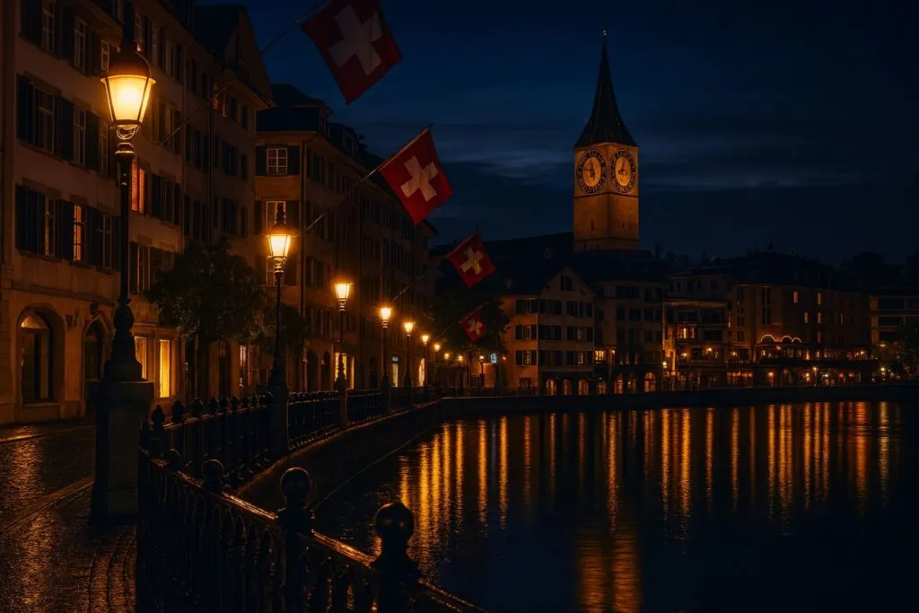 Zurich Old Town street lit at night