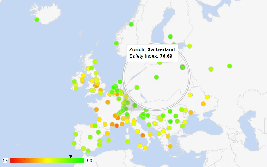 Safety index comparison of major European cities
