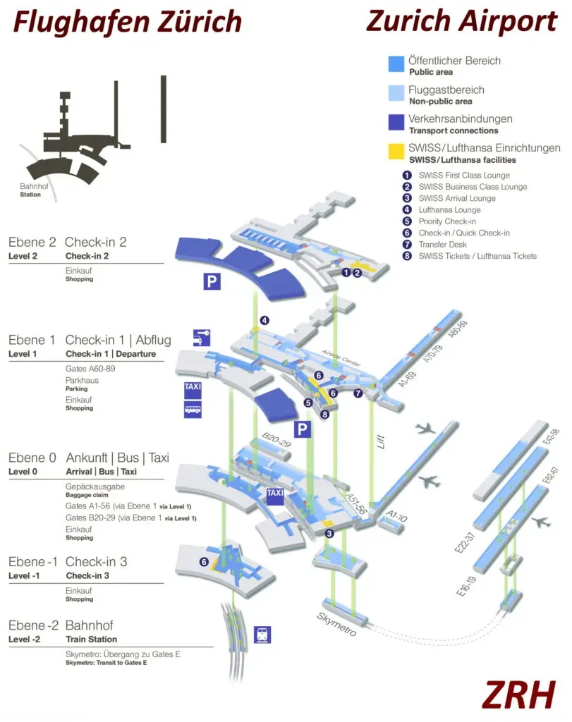 Terminal map of Zurich Airport showing docks A, B, D and E
